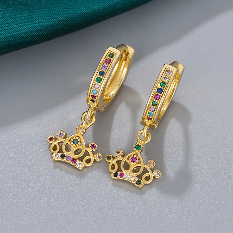 New European Fashion Colored Zircon Hoop Crown Drop Earrings Micro Pave Zircon Crown Earrings
New European Fashion Colored Zircon Hoop Crown Drop Earrings Micro Pave Zircon Crown Earrings