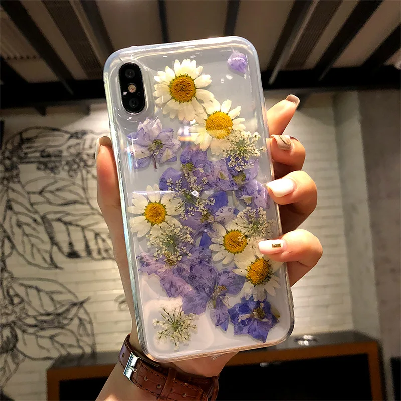 Shockproof Mobile Accessories  Epoxy 3D Dry Dried Real Flower Acrylic Back Phone cover Case