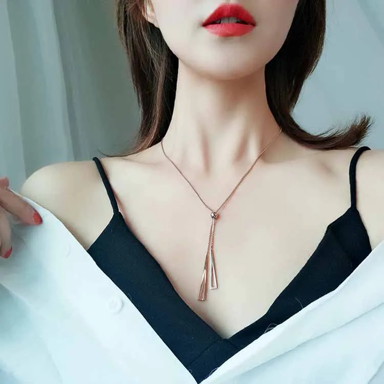 Accessories women fashion geometric necklaces jewelry stainless steel double triangles long pendant necklace with slide clasp, Gold and rose gold
Accessories women fashion geometric necklaces jewelry stainless steel double triangles long pendant necklace with slide clasp, Gold and rose gold
