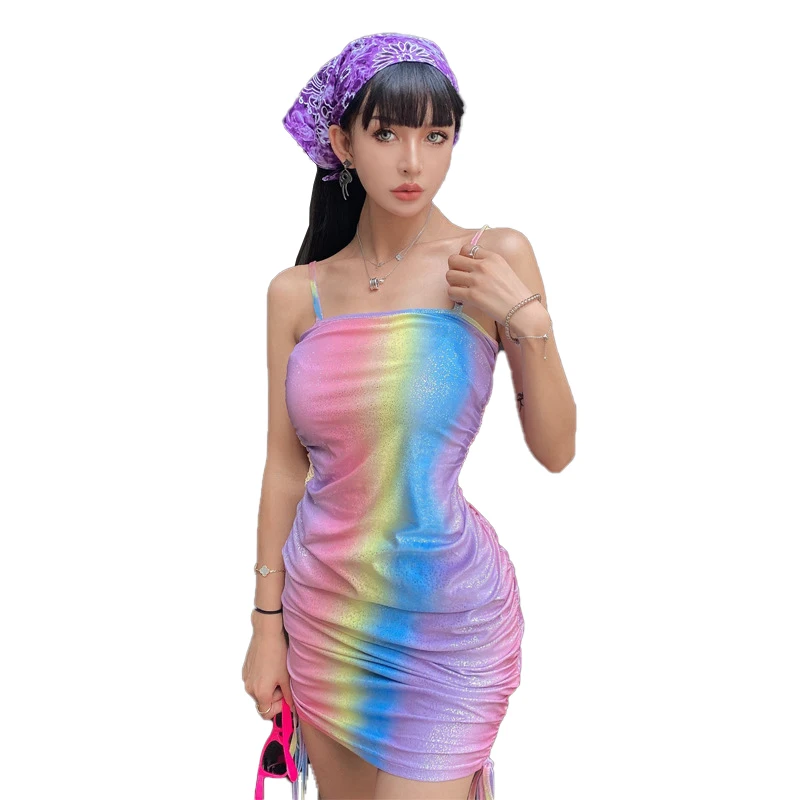 Wholesale summer ladies slip dress fashion off shoulder mini short drawstring rainbow dresses for women clothing 
Wholesale summer ladies slip dress fashion off shoulder mini short drawstring rainbow dresses for women clothing