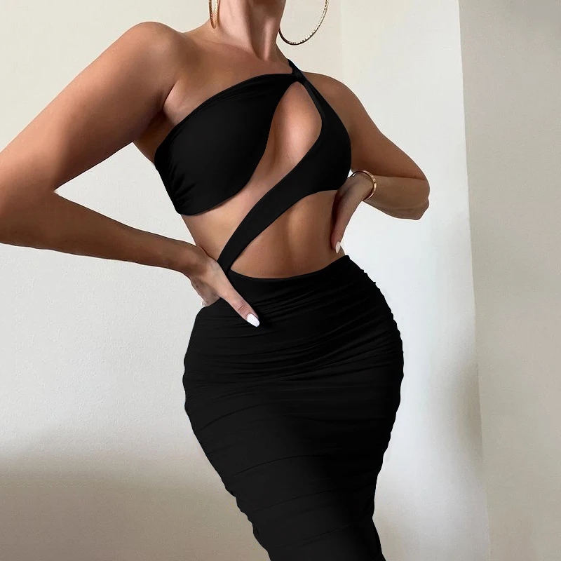 Sleeveless One Shoulder Skinny Party Vestidos Midi Dress Black Hollow Out Sexy Summer Women Bodycon Long Dresses, Customized color
Sleeveless One Shoulder Skinny Party Vestidos Midi Dress Black Hollow Out Sexy Summer Women Bodycon Long Dresses, Customized color