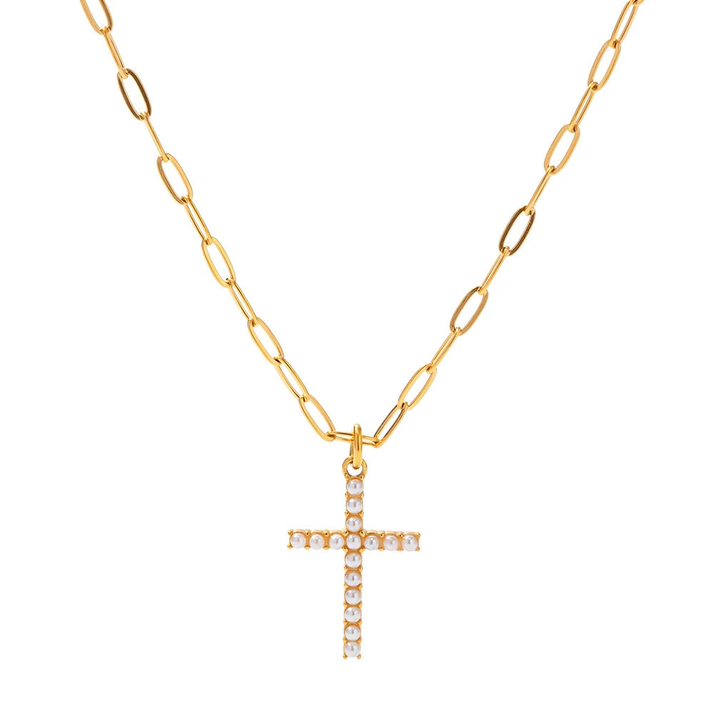 Newest Cross Pendant Imitation Pearl Bead Splicing Necklace Stainless Steel Paperclip Chain Jewelry
Newest Cross Pendant Imitation Pearl Bead Splicing Necklace Stainless Steel Paperclip Chain Jewelry