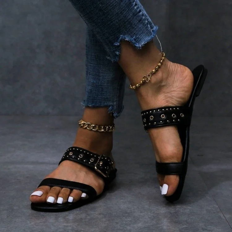 Women Summer Outdoor Beach Shoes Open Round Toe With Metal Decorate Flat Pure Color Women Slippers Slides Shoes, Black white wine red
Women Summer Outdoor Beach Shoes Open Round Toe With Metal Decorate Flat Pure Color Women Slippers Slides Shoes, Black white wine red