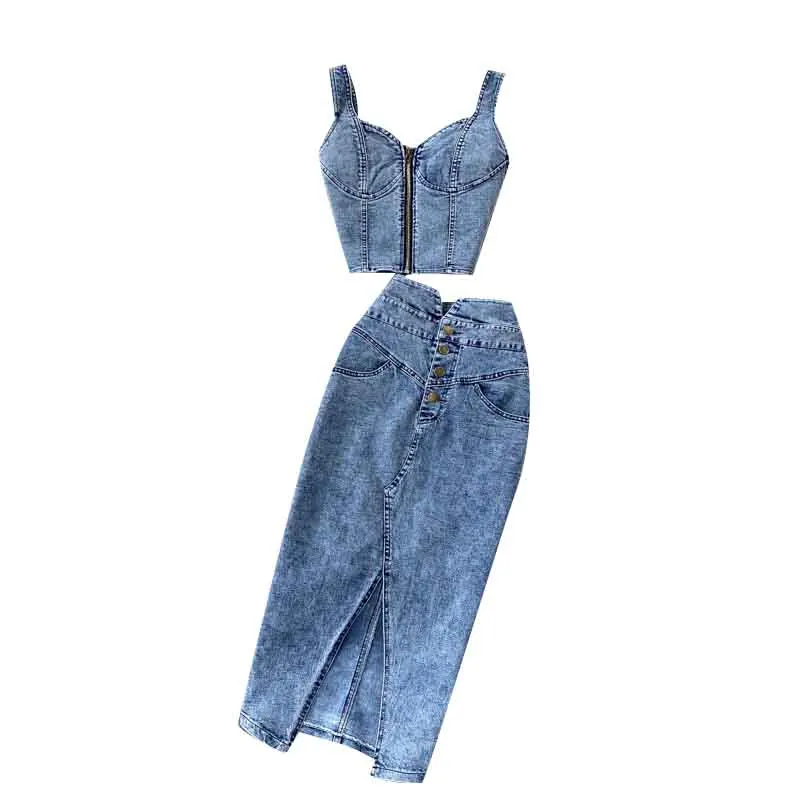 Fashion Women Suit New Feminine Short Camisole High Waist Denim Skirt Trendy Ladies Jeans Vest two Piece Set Women Solid Suit
Fashion Women Suit New Feminine Short Camisole High Waist Denim Skirt Trendy Ladies Jeans Vest two Piece Set Women Solid Suit