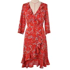 OEM Red Deep V Neck Chiffon Women Casual Dress Flower Floral Print Dress