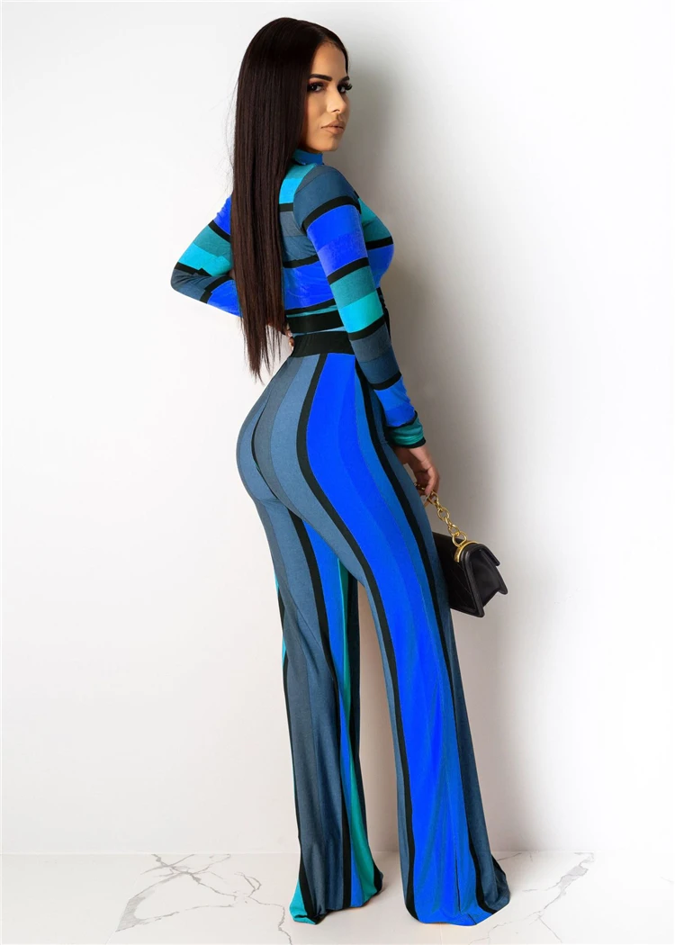 C90567 Fashion long sleeve t shirt wide leg pants color stripe printing two piece set for woman