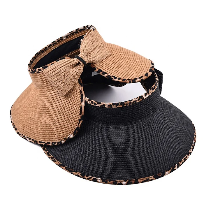 

New Folding Shaded Ladies Summer Beach Hat Leopard Straw Hat with Bow Visor Hat, 5 colors