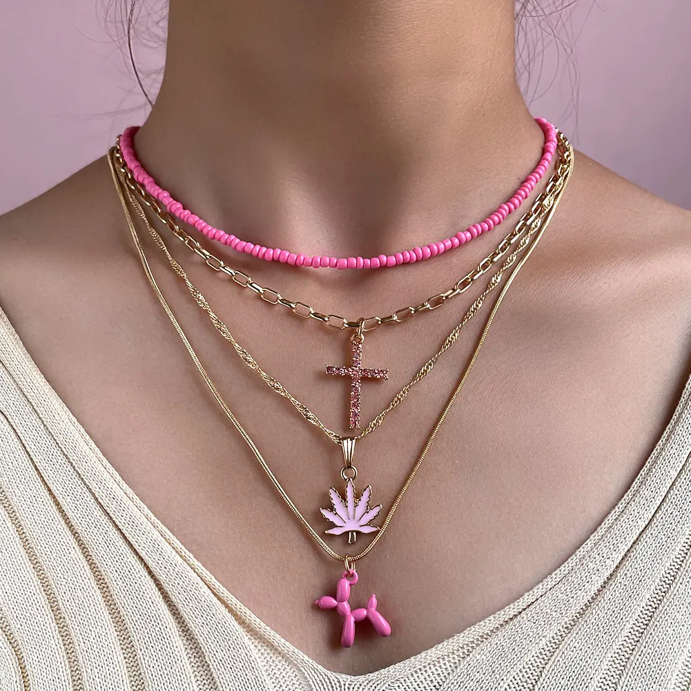 4pcs/set Pink Maple Leaf Rice Beads Necklace For Women Jewelry Cross Chain Balloon Dog Necklace, Gold plated
4pcs/set Pink Maple Leaf Rice Beads Necklace For Women Jewelry Cross Chain Balloon Dog Necklace, Gold plated