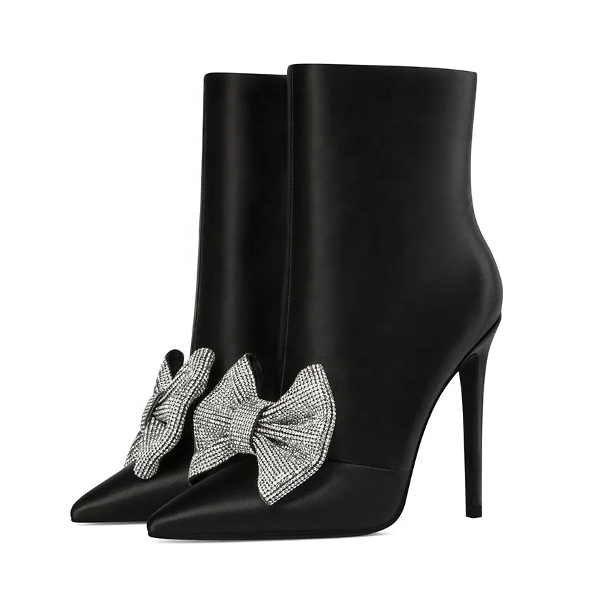 Rhinestone Bow-knot Ornament Side Zip Women Ankle Boots Solid Thin Heel Daily Pointed Toe Ladies Big Size 43 Short Booties, Black
Rhinestone Bow-knot Ornament Side Zip Women Ankle Boots Solid Thin Heel Daily Pointed Toe Ladies Big Size 43 Short Booties, Black
