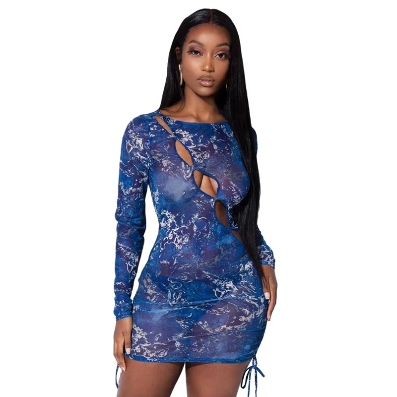 2021 Summer Women Clothing Hot Nightclub Dresses Sexy Hollow Out Printed Mesh Long Sleeve Drawstring Mini Dress, Picture color
2021 Summer Women Clothing Hot Nightclub Dresses Sexy Hollow Out Printed Mesh Long Sleeve Drawstring Mini Dress, Picture color