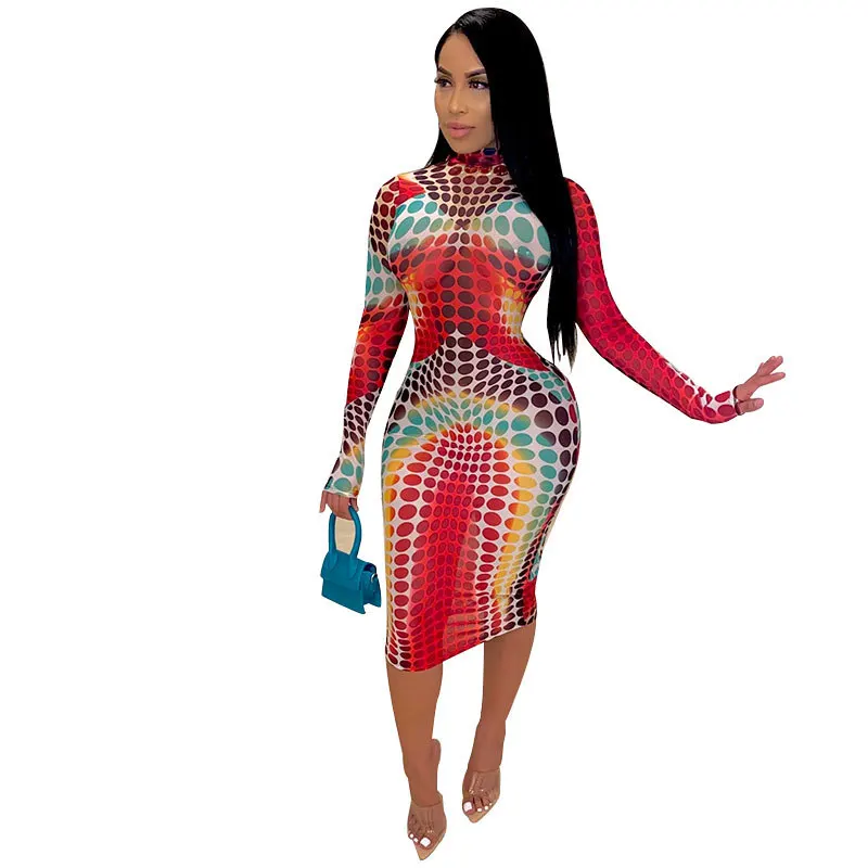 Polka Dot Printed Long Size Plus Ladies Bodycon Dress, Shown