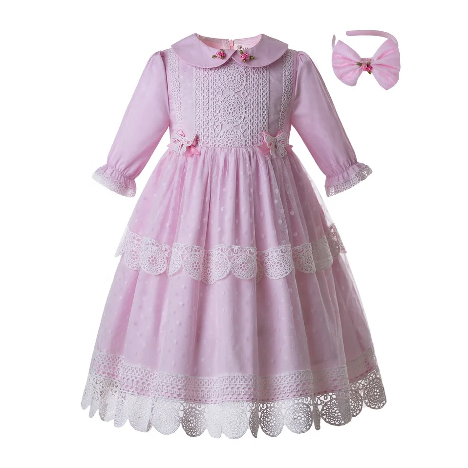 

Pettigirl New Pink Dot Girl Flower Cute Dress Lace Communion Long Dress With Headwear Baby Wear