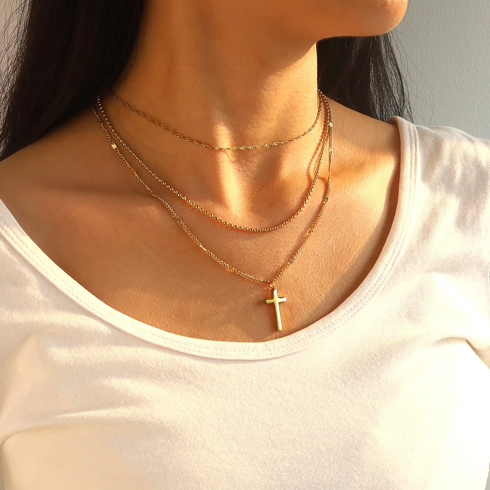 

Tarnish Free Jewelry 18K Gold Plated Beaded Chain Three Layered Cross Pendant Necklace Multilayer Stainless Steel Necklaces