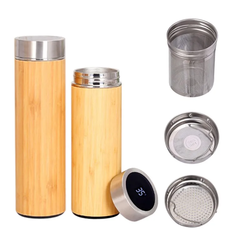 

Travel bamboo tumbler tea cup water bottle thermo with led temperature display lid and tea stainer, Bamboo color as image