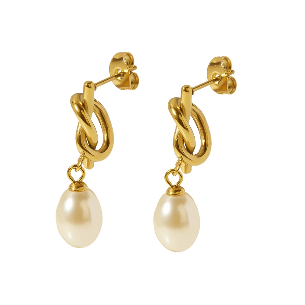 

New Arrival Stainless Steel 18K Gold Plated Classic Knotted Baroque Shell Pearls Drop Stud Earrings For Ladies