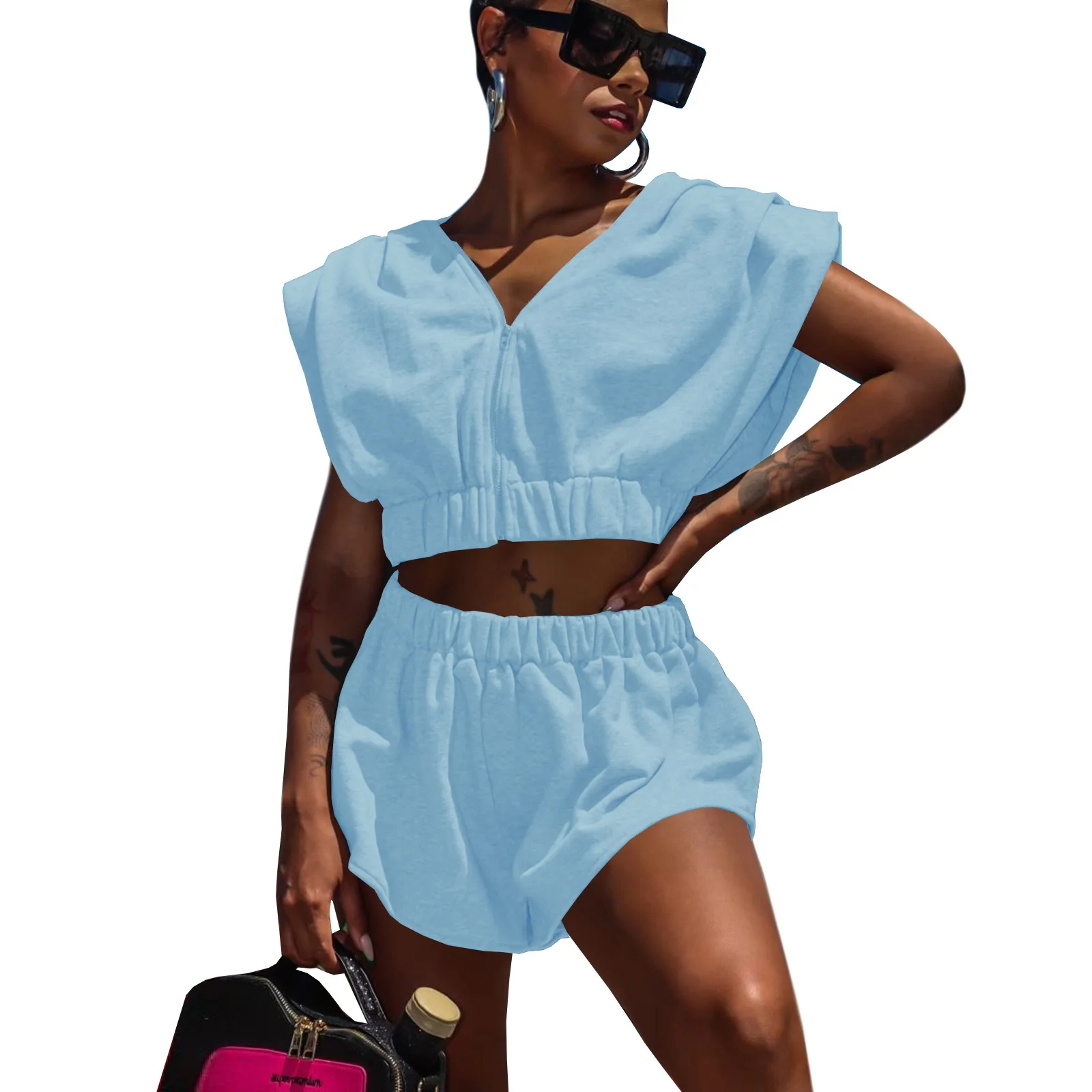 Shoulder pleated women's sweaters two piece sleeveless set v neck zipper shorts outfits two piece set
Shoulder pleated women's sweaters two piece sleeveless set v neck zipper shorts outfits two piece set