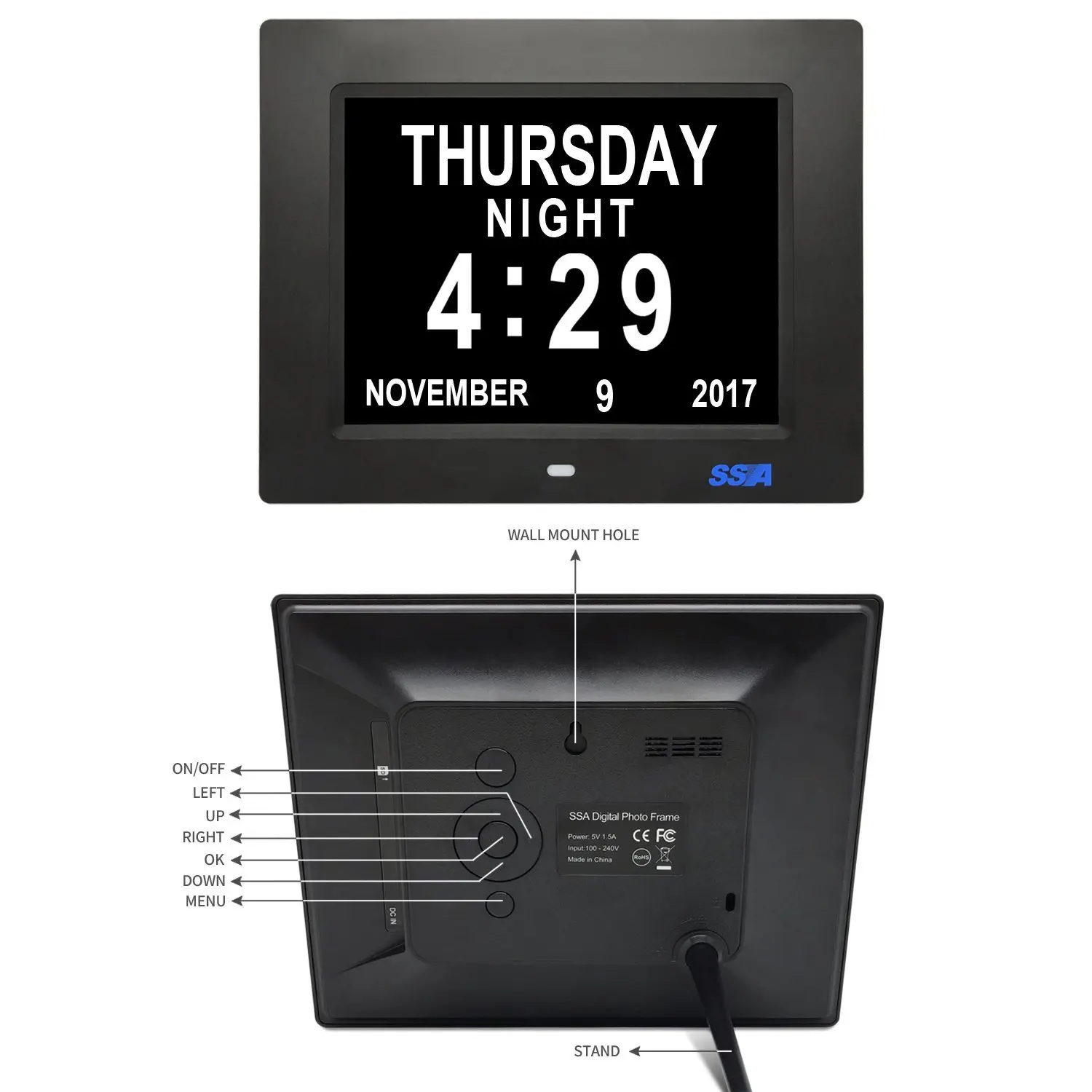 Digital day time desk clock for elders with alarm function 
Digital day time desk clock for elders with alarm function