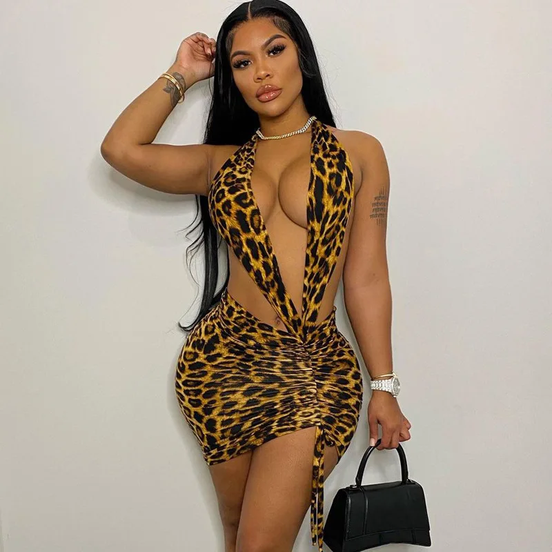 Leopard Women Halter Mini Dress Drawstring Ruched Deep V Neck Backless Bodycon Sexy Streetwear Party Club 2021 Summer
Leopard Women Halter Mini Dress Drawstring Ruched Deep V Neck Backless Bodycon Sexy Streetwear Party Club 2021 Summer