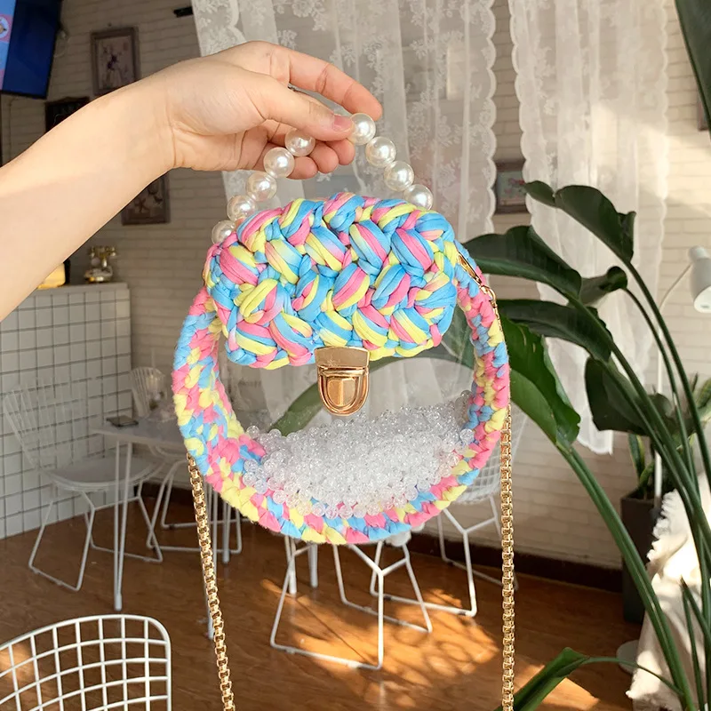 Handmade Crochet Woven Acrylic Round Handbag With Pearls Clear Clutch Purse Chain Strap
Handmade Crochet Woven Acrylic Round Handbag With Pearls Clear Clutch Purse Chain Strap