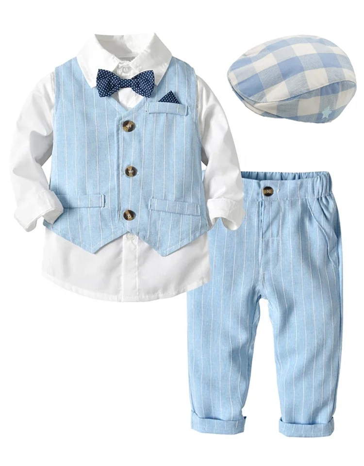 Spring Autumn Cotton Hat Suit Blue Striped Vest + Shirt + Pants 4 PCS Kids Clothes Boy Outfits KB8003Z
Spring Autumn Cotton Hat Suit Blue Striped Vest + Shirt + Pants 4 PCS Kids Clothes Boy Outfits KB8003Z