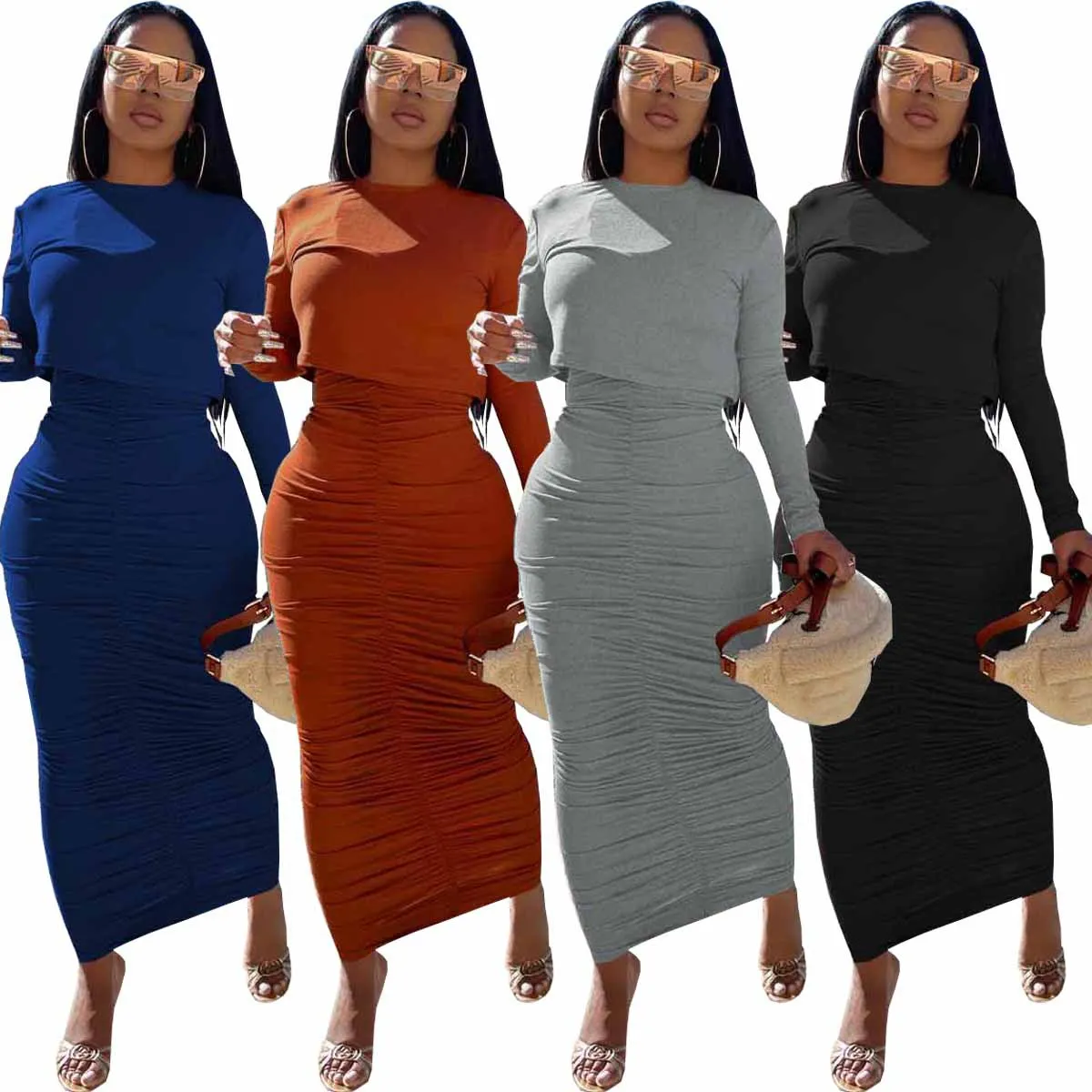 OR- WY6850 Autumn women's new fashion solid color round neck pullover long sleeve top high waist slim long casual skirt, Gray, black, blue, brick red
OR- WY6850 Autumn women's new fashion solid color round neck pullover long sleeve top high waist slim long casual skirt, Gray, black, blue, brick red