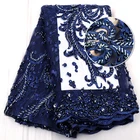 New Design Royal Blue Handmade Beaded Lace Fabric for Wedding Dresses, Mesh Sequin Embroidery Beads and Pearls Lace Fabric