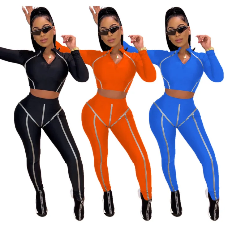 Fall New Arrival Women Two Pieces Set Clothing Reflective Biker Pant Set Long Sleeve Zipper Push Up jogging suits wholesale, Shown
Fall New Arrival Women Two Pieces Set Clothing Reflective Biker Pant Set Long Sleeve Zipper Push Up jogging suits wholesale, Shown