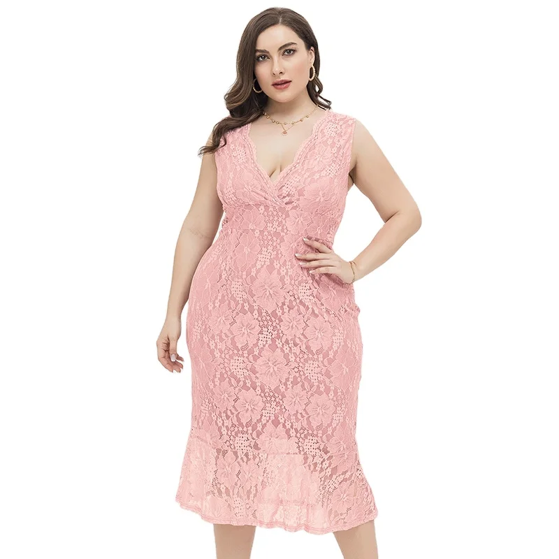 2022 plus size women's sweet and elegant sexy slim V-neck lace dress dress skirt, Pink
2022 plus size women's sweet and elegant sexy slim V-neck lace dress dress skirt, Pink