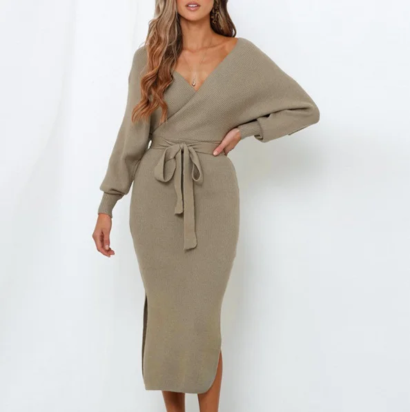 2021 Autumn Winter New V Neck Belted Lace Up Side Slit Midi Elegant Women's Long Sleeve Knitted Sweater Midi Dresses
2021 Autumn Winter New V Neck Belted Lace Up Side Slit Midi Elegant Women's Long Sleeve Knitted Sweater Midi Dresses