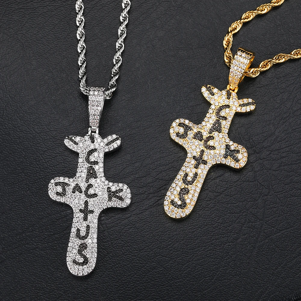 

Hip Hop Singer Travis Scott With Cactus Jack Cross Zircon Pendant Necklace, Gold/platinum color