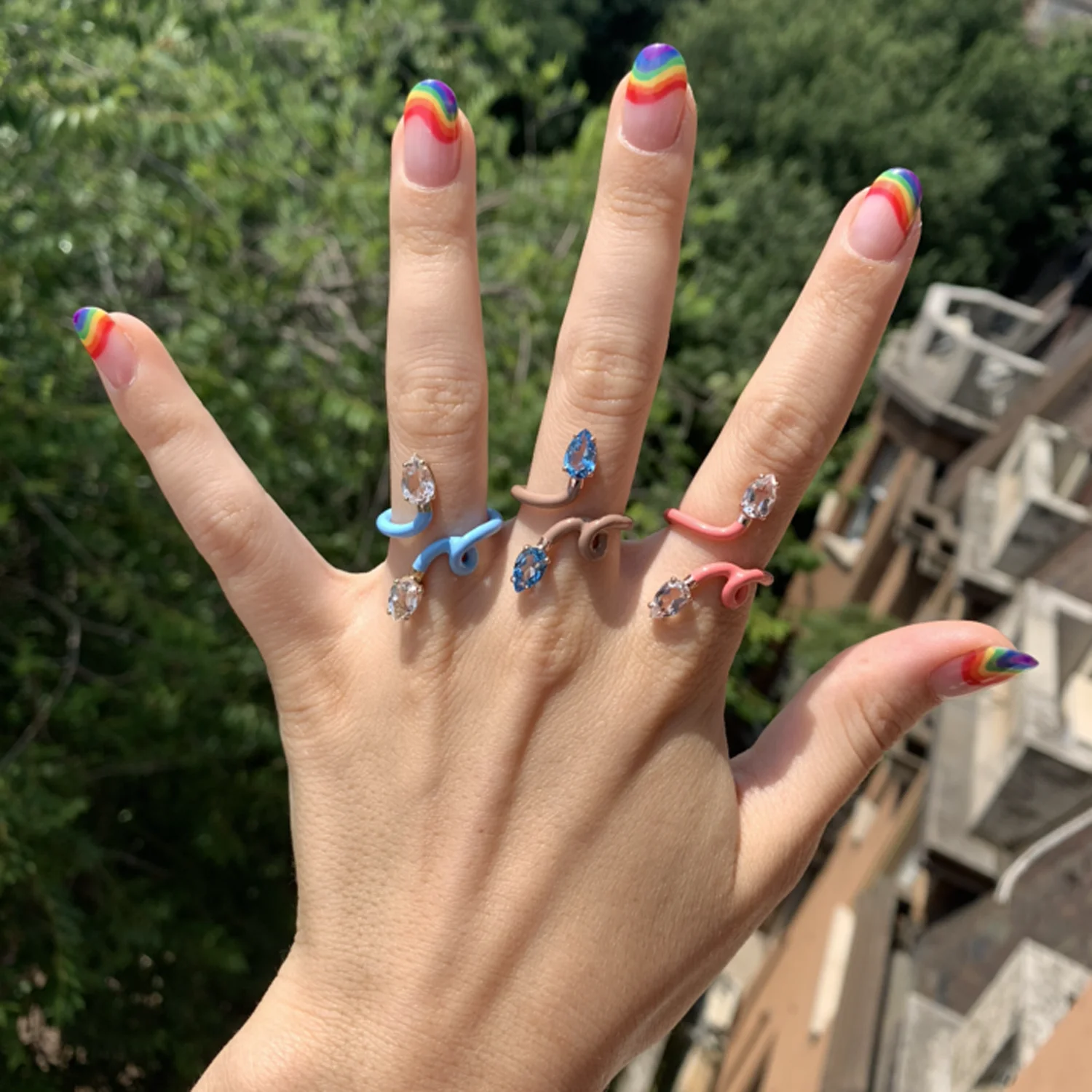 

Women Korean Aesthetic Enamel Neon Colorful Finger Rings Claw Setting Two Big CZ Irregular Jewelry, Customized