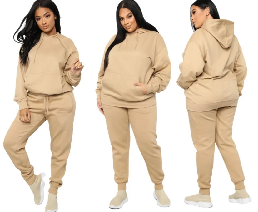 Custom logo plus size solid color sweatshirt hoodie with jogger legging suit two piece women clothing sets, Khaki
Custom logo plus size solid color sweatshirt hoodie with jogger legging suit two piece women clothing sets, Khaki