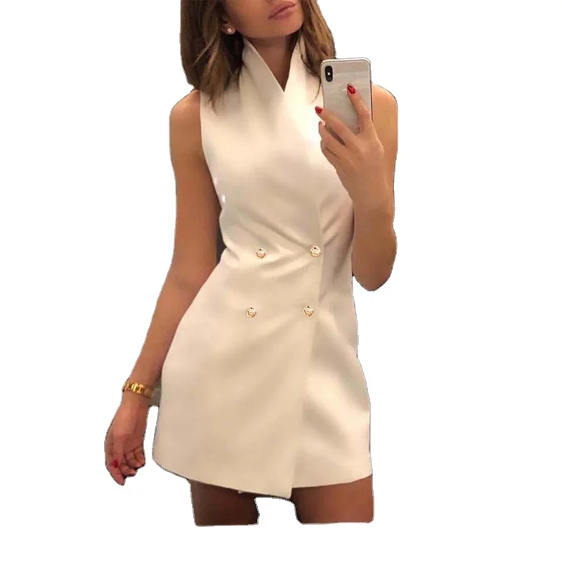 Solid color double-breasted sexy slim-fitting sleeveless stand-up collar office women's suit dress midi skirt
Solid color double-breasted sexy slim-fitting sleeveless stand-up collar office women's suit dress midi skirt