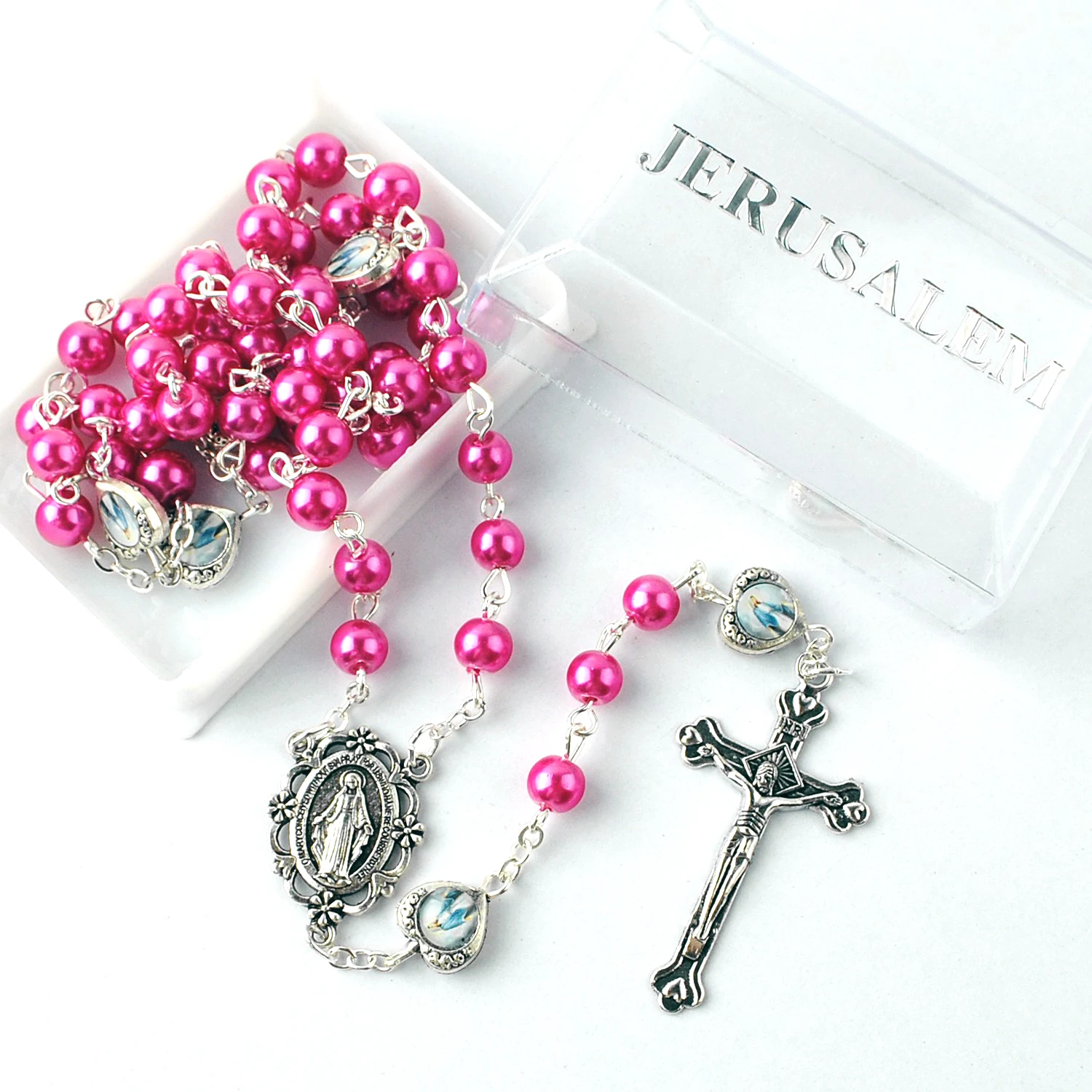 White Pearl Beads with Heart Metal Glory Beads Holy land rosary with Plastic Rectangle Box with Jerusalem Printed
White Pearl Beads with Heart Metal Glory Beads Holy land rosary with Plastic Rectangle Box with Jerusalem Printed
