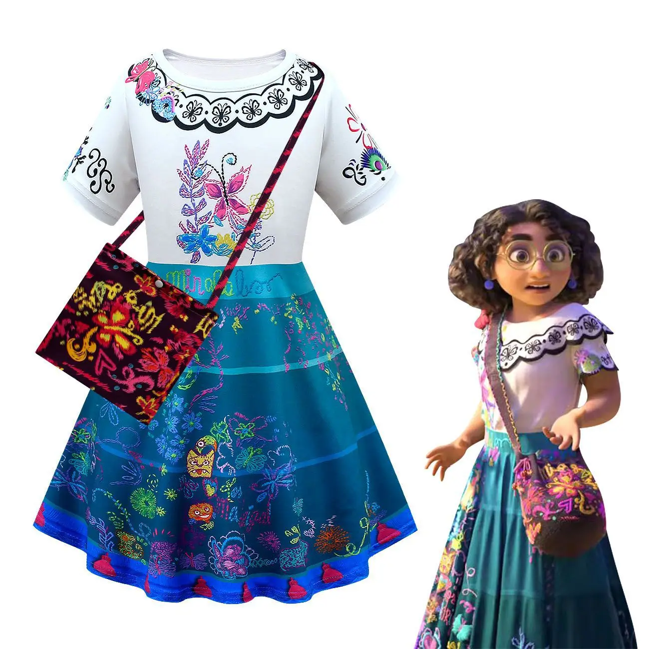 

2022 New Design Tv&Movie Costume Short Fly Sleeve Dresses Kids Girls Encanto Princess Dress with bag, As picture