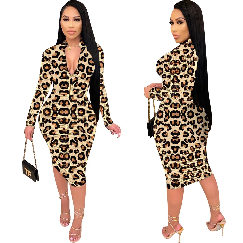 Hot selling ladies dress long sleeve leopard printed stacked pleated women dress