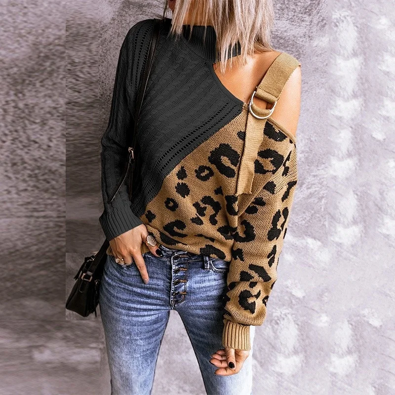 Leopard print stitching sweater female street trend strapless asymmetric buckle knit sweater
Leopard print stitching sweater female street trend strapless asymmetric buckle knit sweater