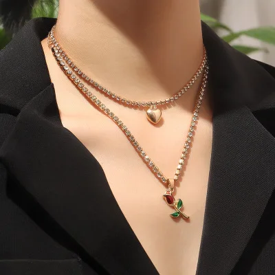 European Style 18K Gold Plated Heart Pendant CZ Tennis Chain Necklaces Double Layers Oil Dripping Rose Flower Pendant Necklaces
European Style 18K Gold Plated Heart Pendant CZ Tennis Chain Necklaces Double Layers Oil Dripping Rose Flower Pendant Necklaces