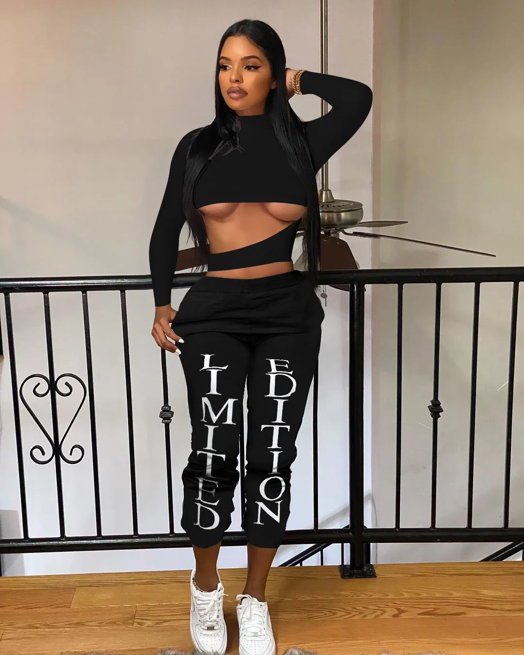 New Arrival Women's two piece set solid color tops waist high collar letter print pants autumn and winter woman clothing
New Arrival Women's two piece set solid color tops waist high collar letter print pants autumn and winter woman clothing
