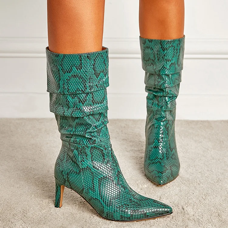 2021 Fall Winter Women Fashion PU Pointed High Heel New Snake Print Mid Calf Boots, Green,black
2021 Fall Winter Women Fashion PU Pointed High Heel New Snake Print Mid Calf Boots, Green,black