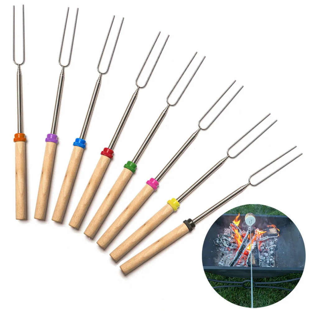 

Wooden Handle Extendable Forks Bbq Fork Telescoping Skewers Marshmallow Roasting Sticks for Campfire Firepit and Sausage BBQ, 8 colors