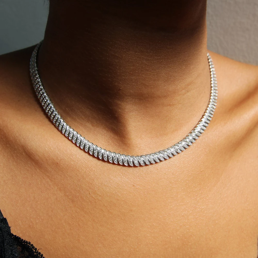 iced out bling women jewelry 5A cubic zirconia simple cz snake chain choker herringbone chain necklace, Silver
iced out bling women jewelry 5A cubic zirconia simple cz snake chain choker herringbone chain necklace, Silver