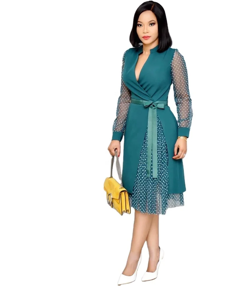 European and American fashion women's high waist polka-dot mesh long sleeve V-neck splicing A-line dress
European and American fashion women's high waist polka-dot mesh long sleeve V-neck splicing A-line dress