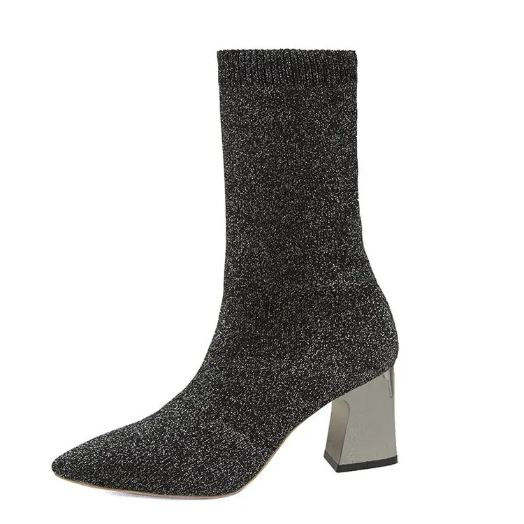 Custom Logo Sexy Ladies Shaped Heel Boots Solid Color Pointed Stretch Fabric Bling Sequin Socks Female Boots 2021
Custom Logo Sexy Ladies Shaped Heel Boots Solid Color Pointed Stretch Fabric Bling Sequin Socks Female Boots 2021