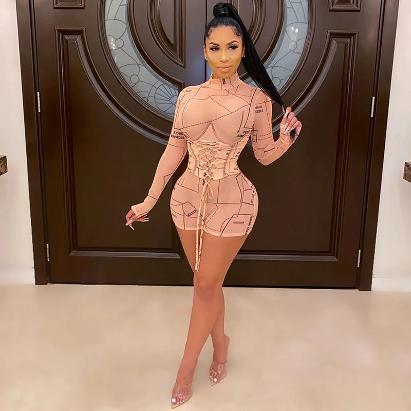 Women's Casual Clothing Bandage Long Sleeve Seethough Onsies Short Printed Mesh Jumpsuit Woman
Women's Casual Clothing Bandage Long Sleeve Seethough Onsies Short Printed Mesh Jumpsuit Woman