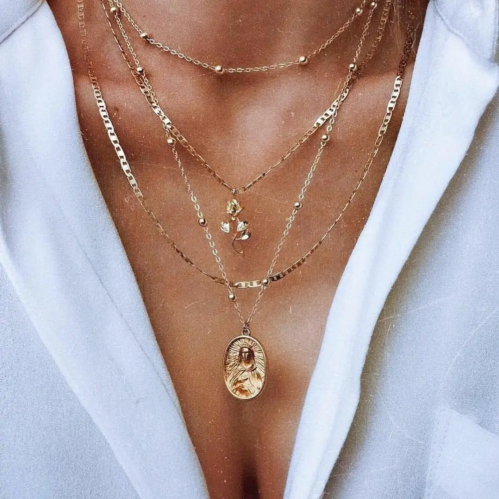 New Arrival 18K Gold Plating Multi Layer Chain Rose Flower Necklace Ethnic Retro Mary Coin Pendant Necklace
New Arrival 18K Gold Plating Multi Layer Chain Rose Flower Necklace Ethnic Retro Mary Coin Pendant Necklace