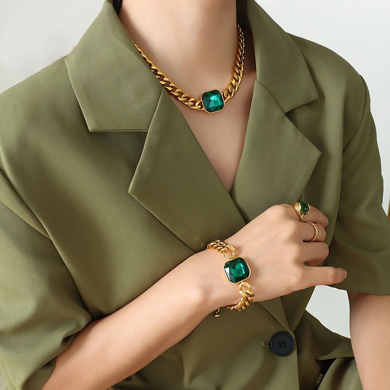 

Women Titanium Steel 18K Gold Emerald Green Ruby Crystal Curb Link Chain Bracelet Africa Necklace Rhinestone Jewellery Set