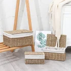 Natural Plant Seagrass Weaving Basket Cosmetic Storage Box Case Bedroom Living Room Handmade Basket With Lid, Handle