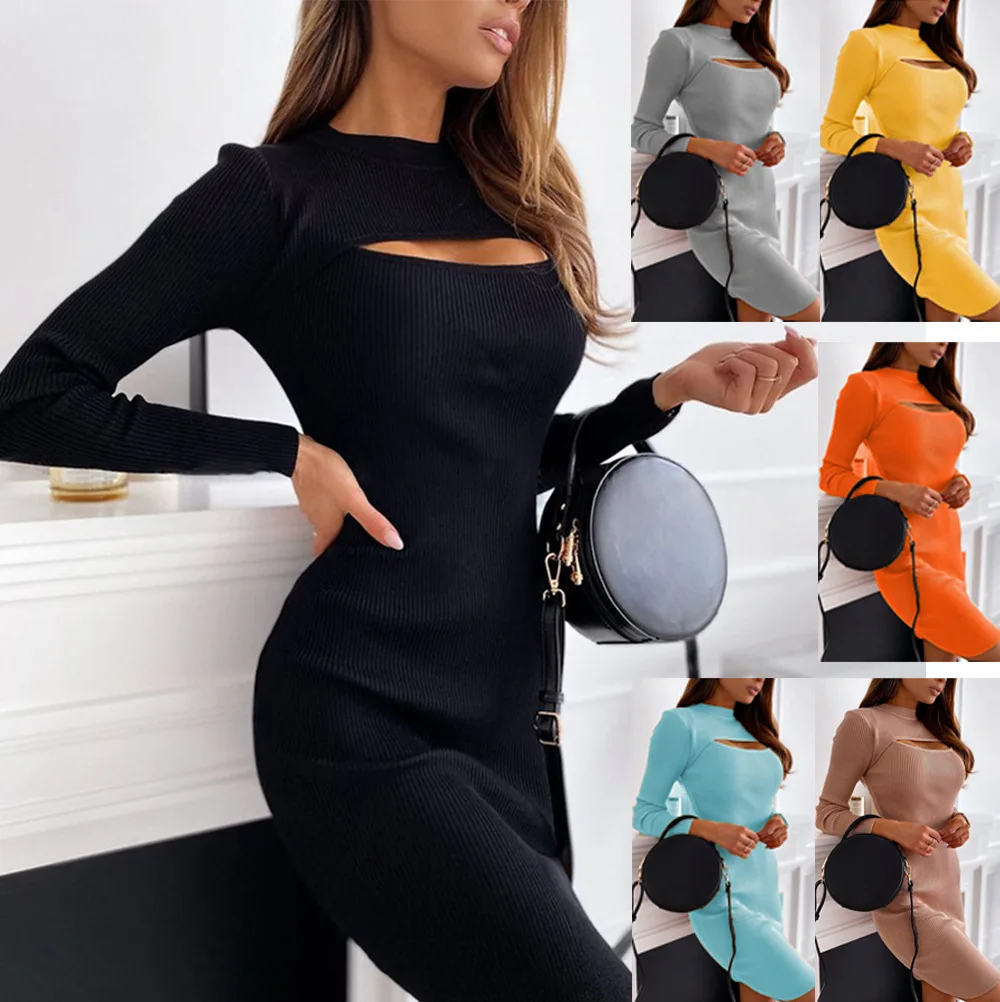 Wholesale Skirt Fall Sexy Chest Hollow Long Sleeves Ribbed Solid Color Slim Split Round Neck Casual Women Dress, Shown
Wholesale Skirt Fall Sexy Chest Hollow Long Sleeves Ribbed Solid Color Slim Split Round Neck Casual Women Dress, Shown