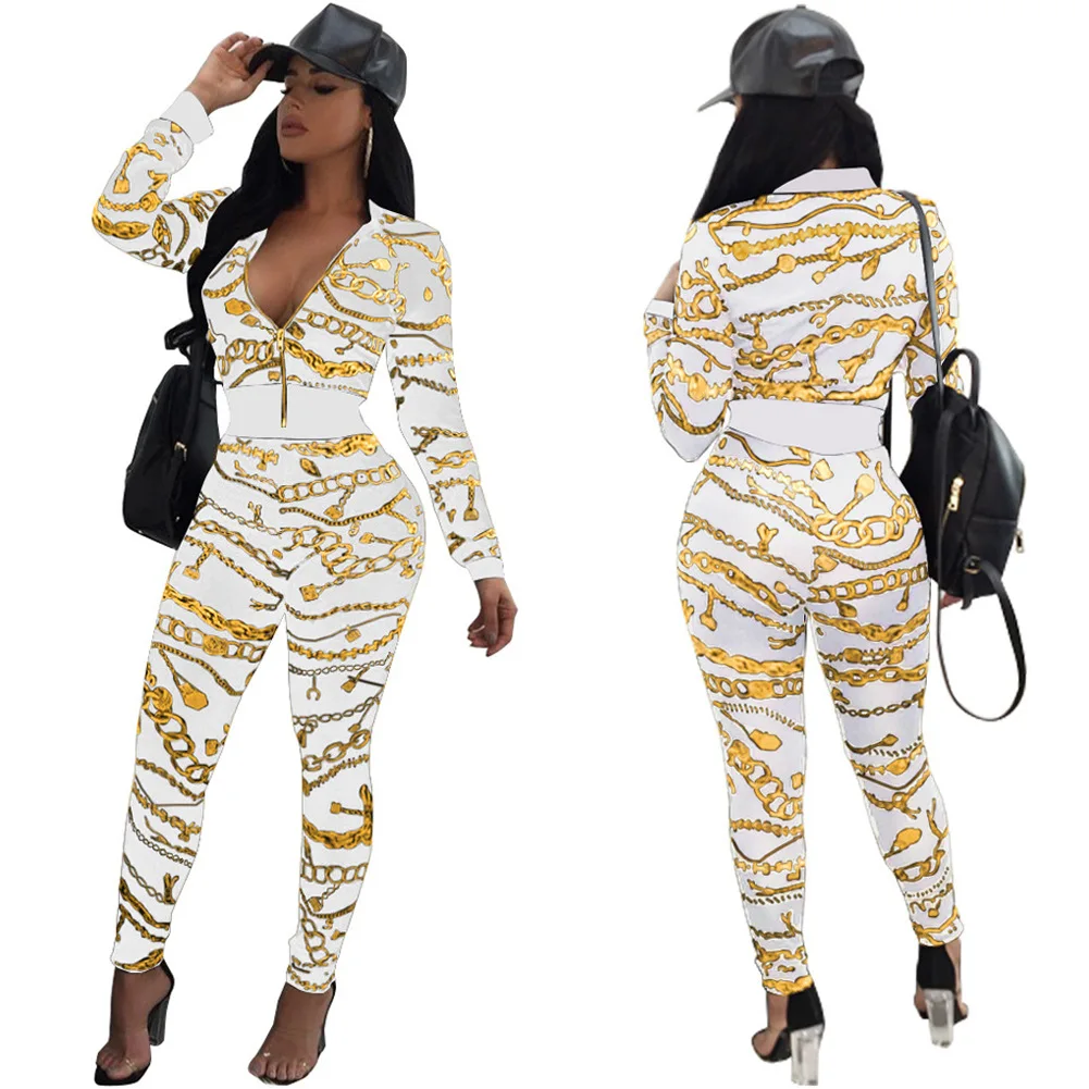 European and American sexy gold chain printed jacket lady two-piece casual suit, Customized color
European and American sexy gold chain printed jacket lady two-piece casual suit, Customized color